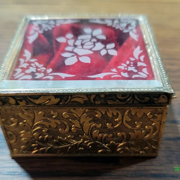 Brass Jewelry Box Velvet Lined with Decorative Glass Top - Picture 2 of 6